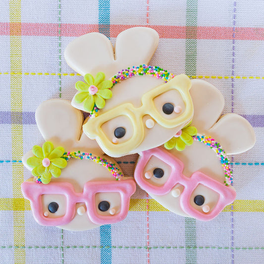 Easter Bunny Girl Glasses, Floral Headband, Individual Cookie
