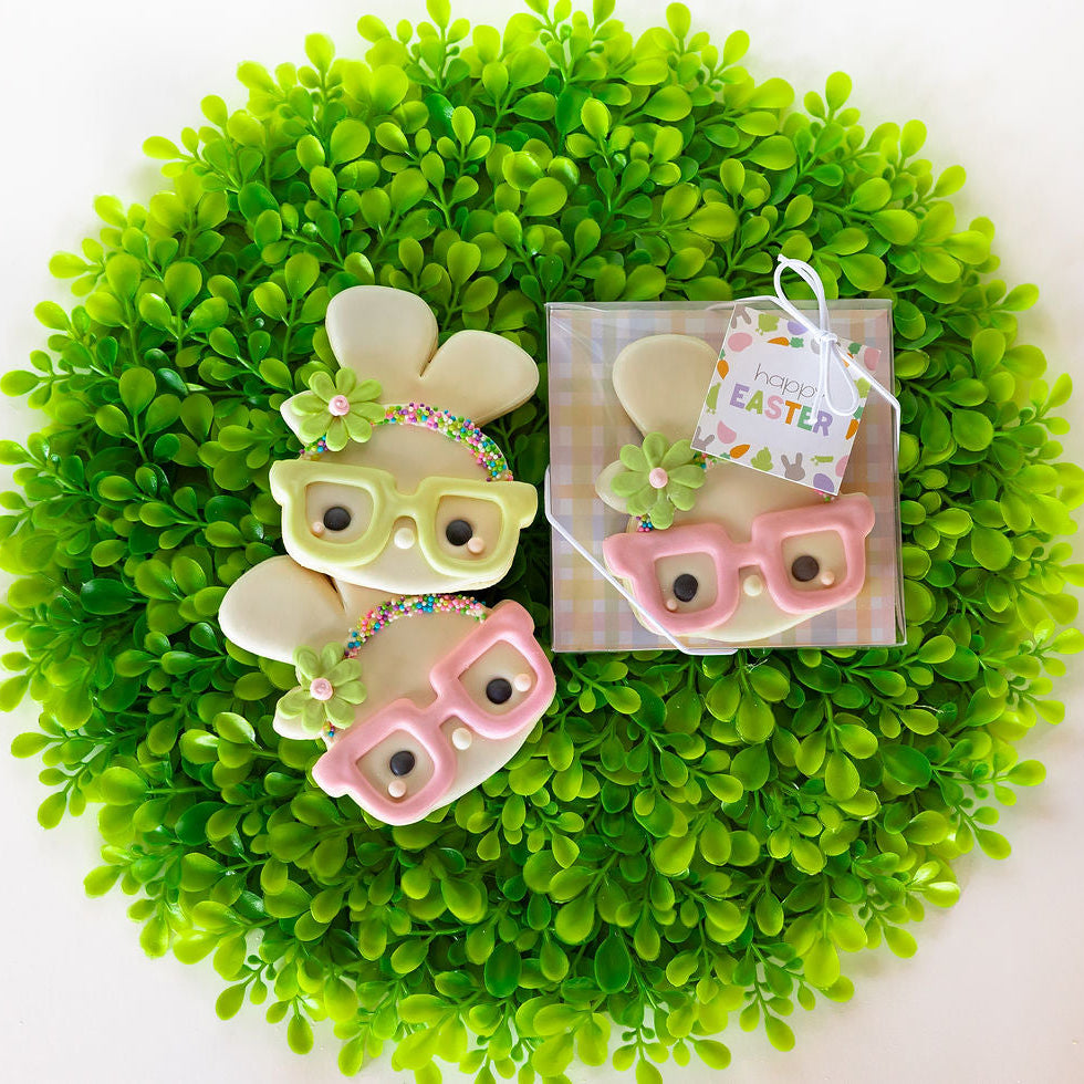 Easter Bunny Girl Glasses, Floral Headband, Individual Cookie